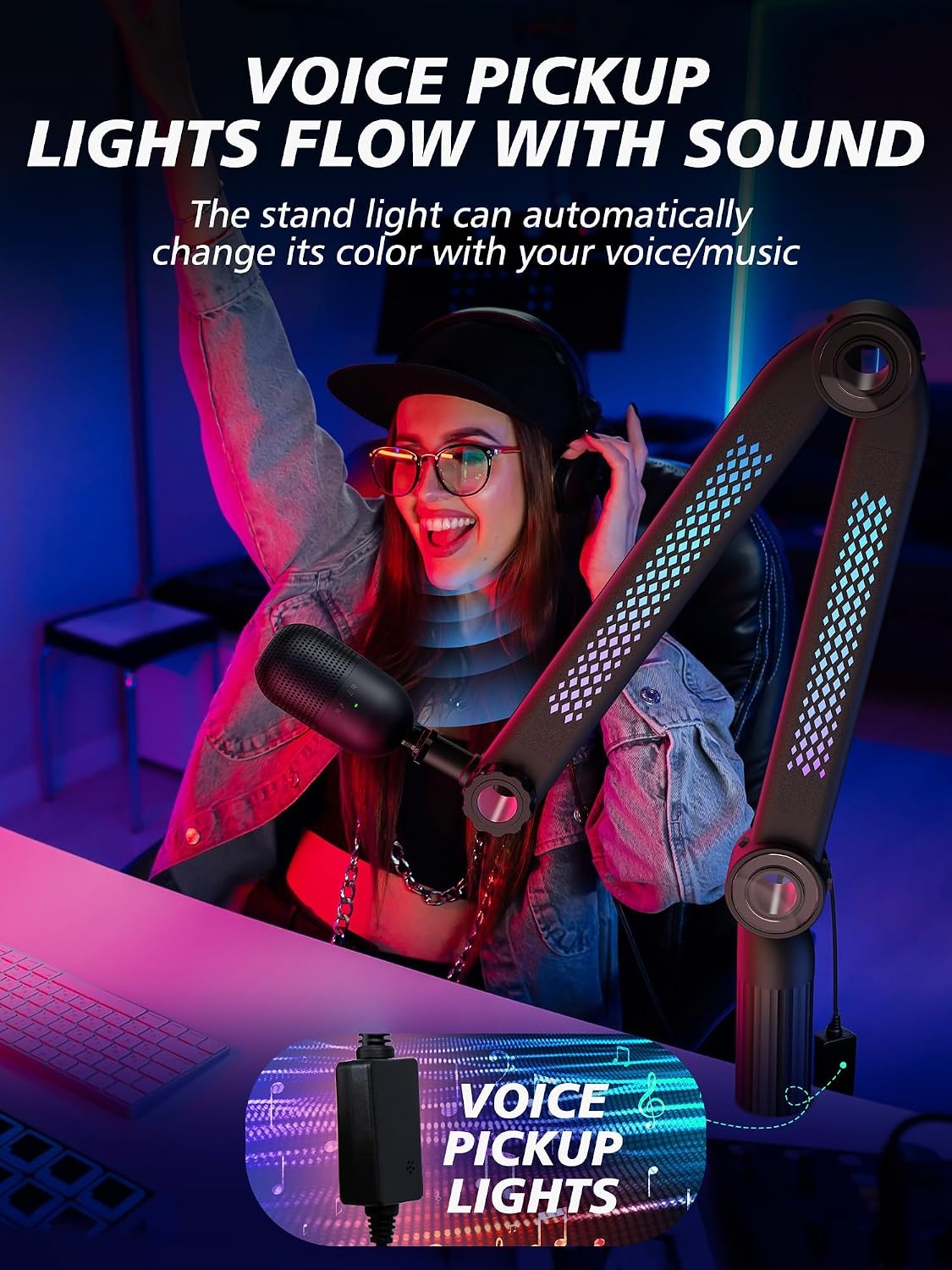 YOUSHARES RGB geluidsopname microfoonarm compatibel met HyperX QuadCast, QuadCast 2, SM7B, MV7, Rode, Razer Mic, Wave en andere Gaming Mic, Bluetooth Boom arm, voor 1/4", 3/8", 5/8" adapter microfoon