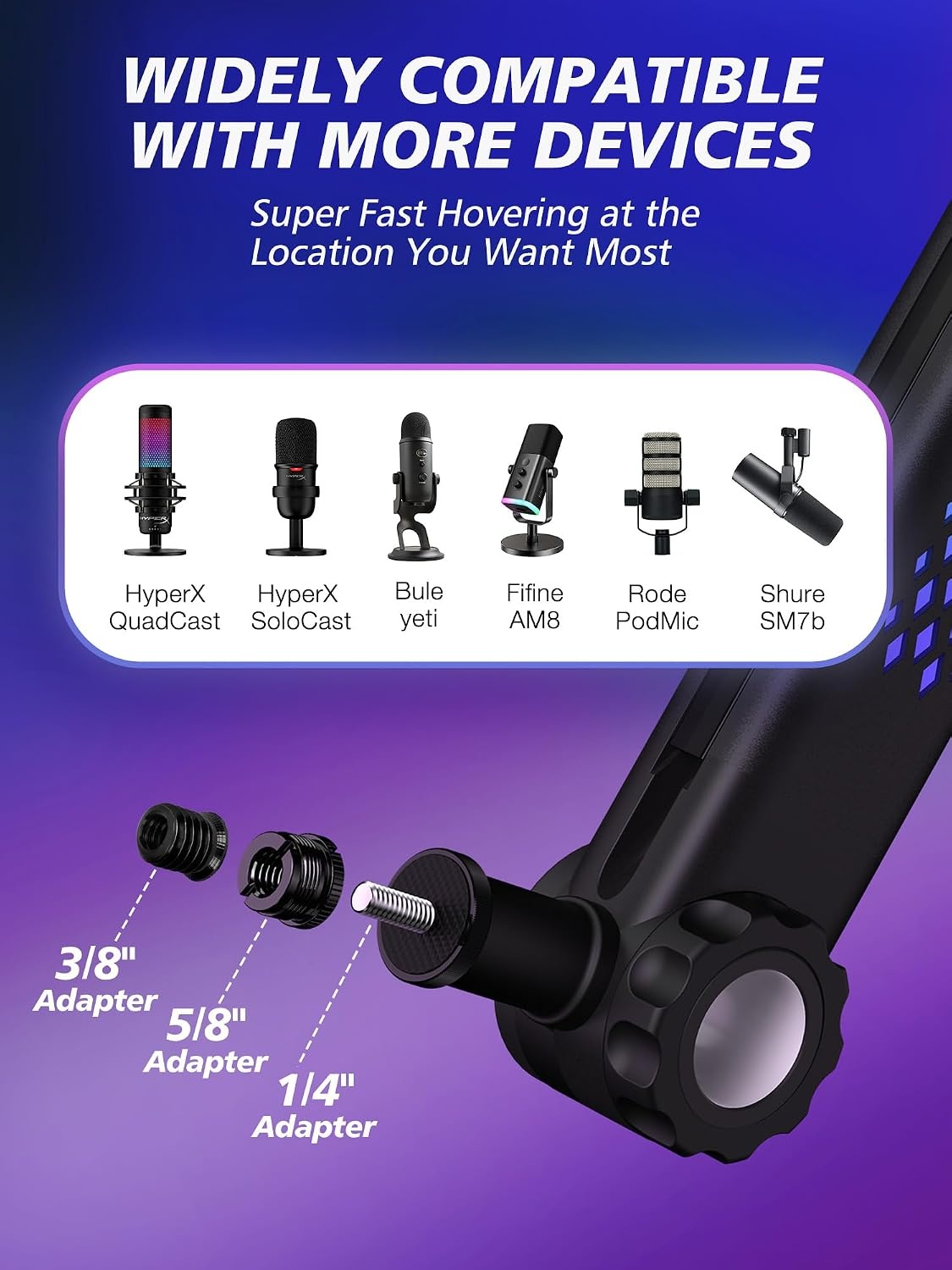 YOUSHARES RGB geluidsopname microfoonarm compatibel met HyperX QuadCast, QuadCast 2, SM7B, MV7, Rode, Razer Mic, Wave en andere Gaming Mic, Bluetooth Boom arm, voor 1/4", 3/8", 5/8" adapter microfoon