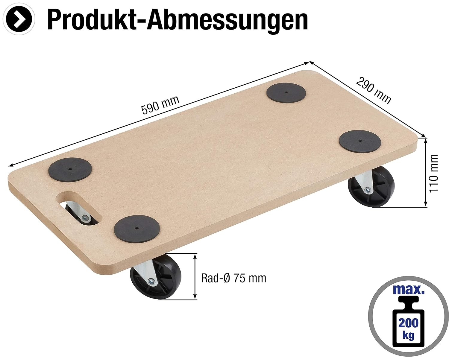 Metafranc Transportroller 590 x 290 mm - 200 kg draagkracht - MDF-plaat - PP-wielen/meubelroller/transporthulp voor verhuizing/rolwagen voor meubeltransport/kratenroller van hout / 820040