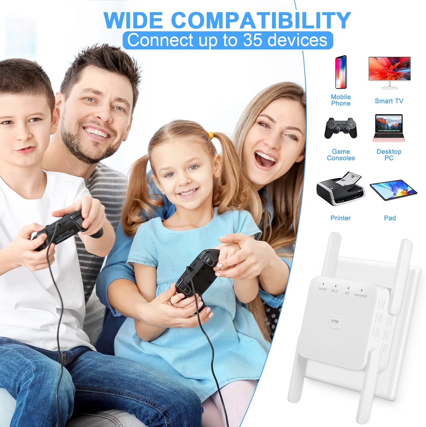 Wifi-versterker, 1200 Mbit/s, 5 G en 2,4 G ultraxtender dual-band wifi-repeater met LAN-verbinding, WPS, compatibel met 99% standaard wifi-router, dekt tot 9200 vierkante meter en 35 meter af