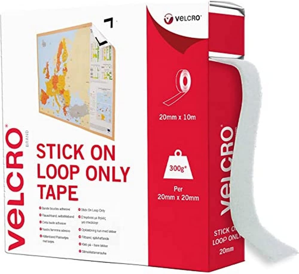 VELCRO, Merk, alleen plakband, op lengte gesneden sterke lus, alleen zelfklevende plakband, perfect voor kamerinrichting en thuis, kantoor, garagegebruik, wit | 20 mm x 10 m
