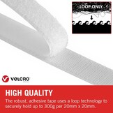 VELCRO, Merk, alleen plakband, op lengte gesneden sterke lus, alleen zelfklevende plakband, perfect voor kamerinrichting en thuis, kantoor, garagegebruik, wit | 20 mm x 10 m