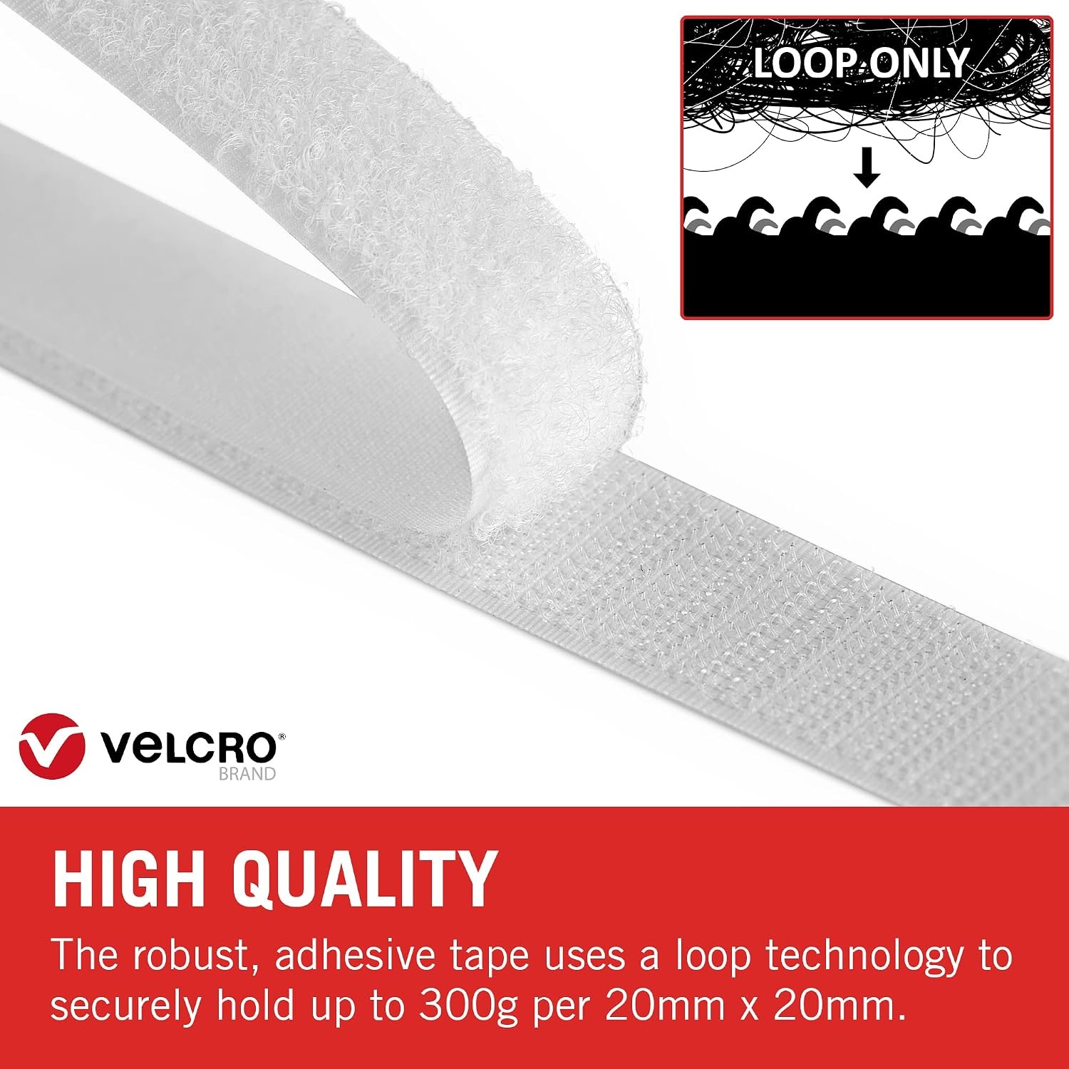 VELCRO, Merk, alleen plakband, op lengte gesneden sterke lus, alleen zelfklevende plakband, perfect voor kamerinrichting en thuis, kantoor, garagegebruik, wit | 20 mm x 10 m