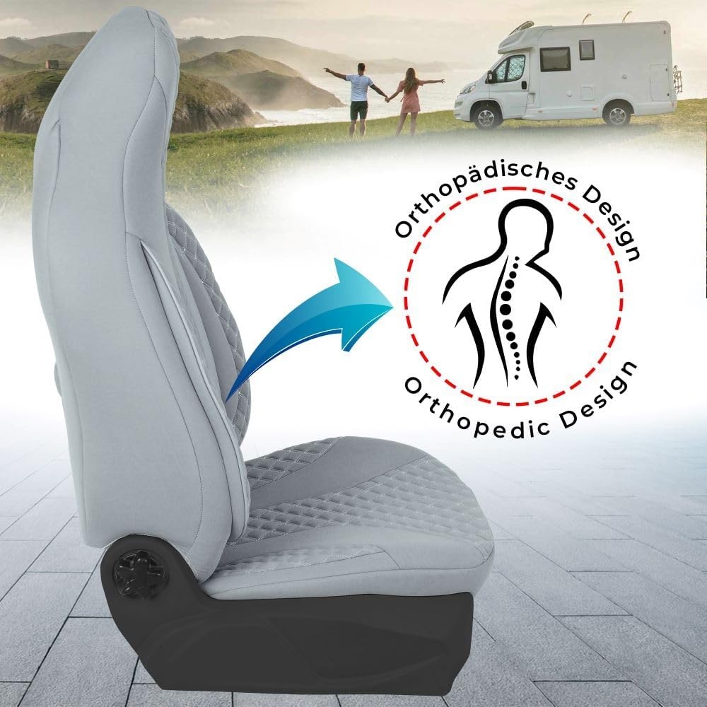 Stoelhoezen voor bestuurder en passagiers, set compatibel met camper FIAT Ducato, Pössl, Knaus, Adria, Carthago, Pilote Laika WPL409, grijs