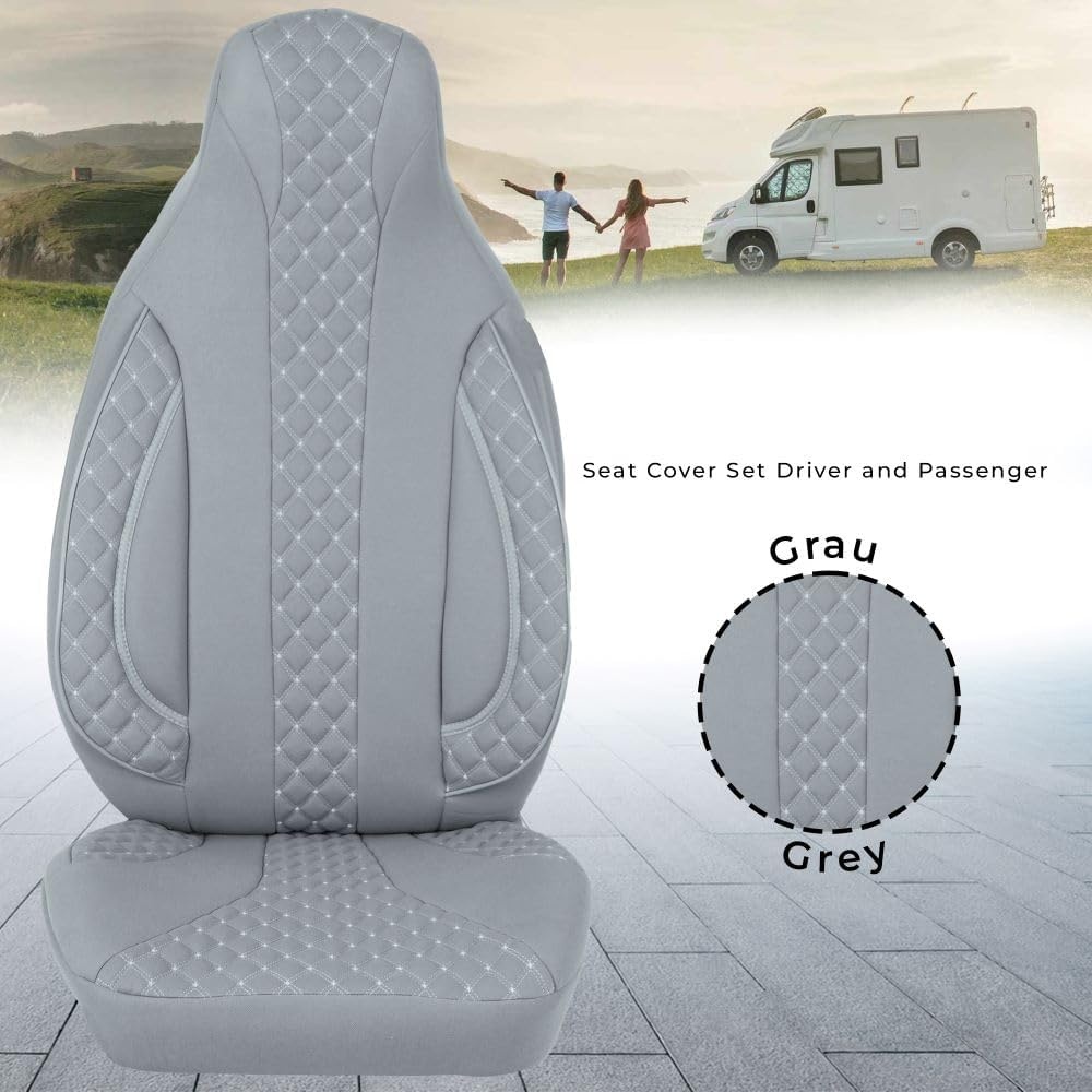 Stoelhoezen voor bestuurder en passagiers, set compatibel met camper FIAT Ducato, Pössl, Knaus, Adria, Carthago, Pilote Laika WPL409, grijs