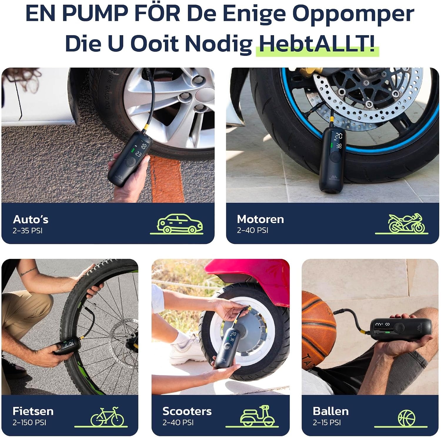 Woowind LP1 Elektrische Fietspomp, Bandenpomp, 1-minuut-opblazen