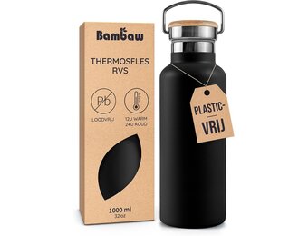 Bambaw 1000ml Roestvrijstalen Thermosfles, Milieuvriendelijke Herbruikbare Fles, Dubbelwandige Waterfles 1000ml, Metalen Drinkfles – Inktzwart