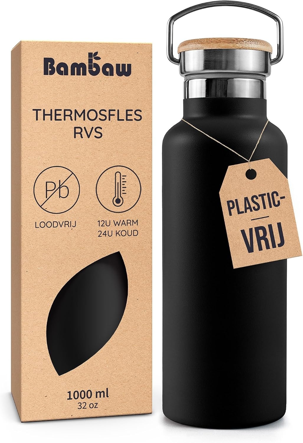 Bambaw 1000ml Roestvrijstalen Thermosfles, Milieuvriendelijke Herbruikbare Fles, Dubbelwandige Waterfles 1000ml, Metalen Drinkfles – Inktzwart