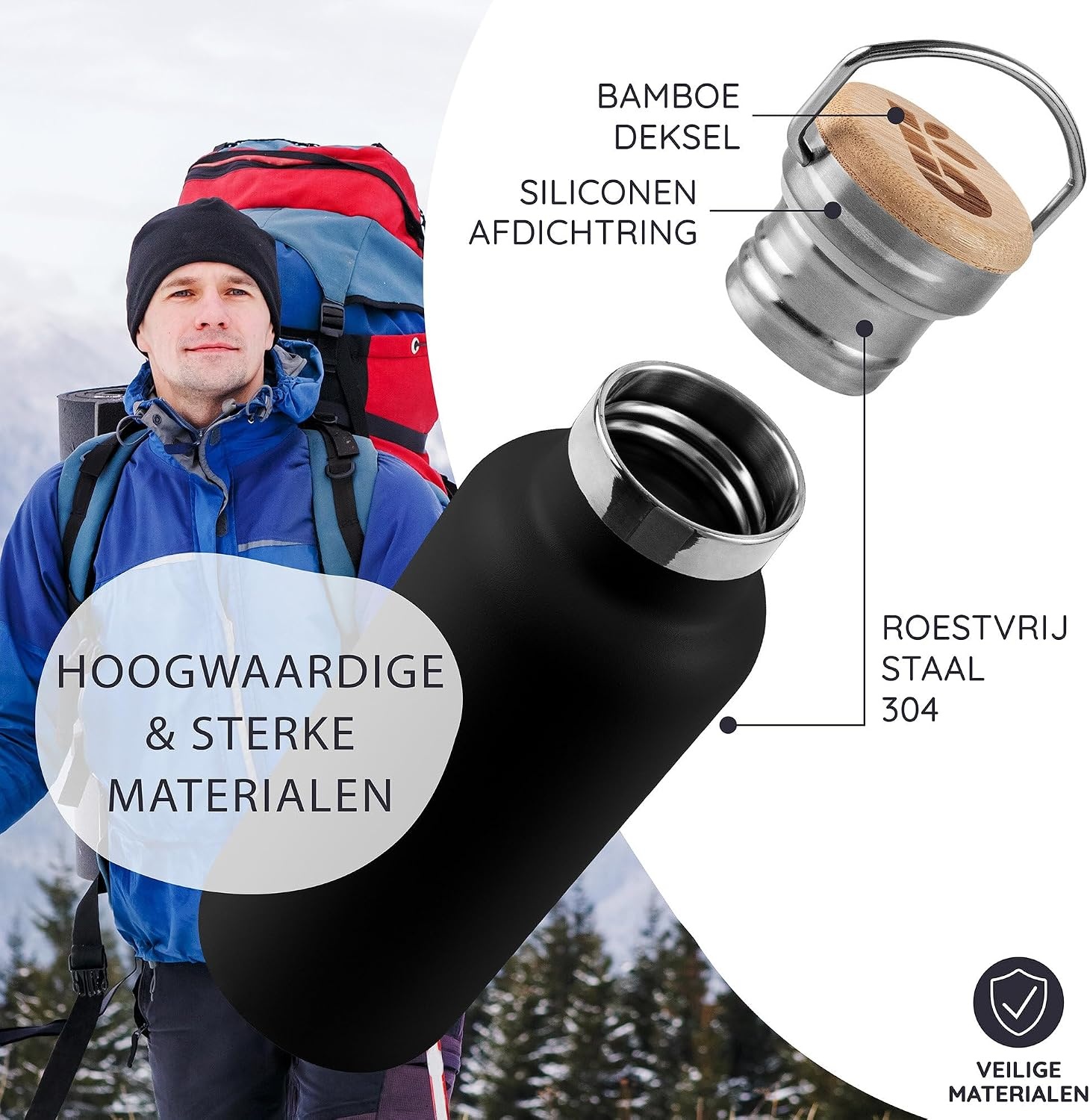 Bambaw 1000ml Roestvrijstalen Thermosfles, Milieuvriendelijke Herbruikbare Fles, Dubbelwandige Waterfles 1000ml, Metalen Drinkfles – Inktzwart
