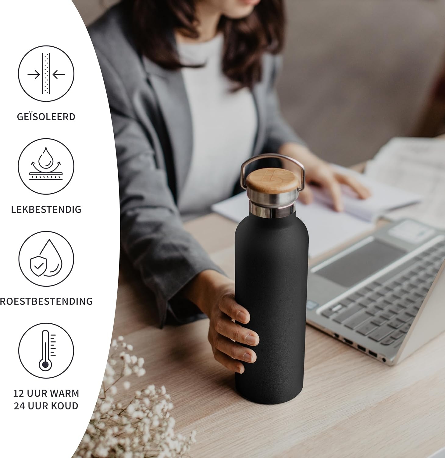 Bambaw 1000ml Roestvrijstalen Thermosfles, Milieuvriendelijke Herbruikbare Fles, Dubbelwandige Waterfles 1000ml, Metalen Drinkfles – Inktzwart