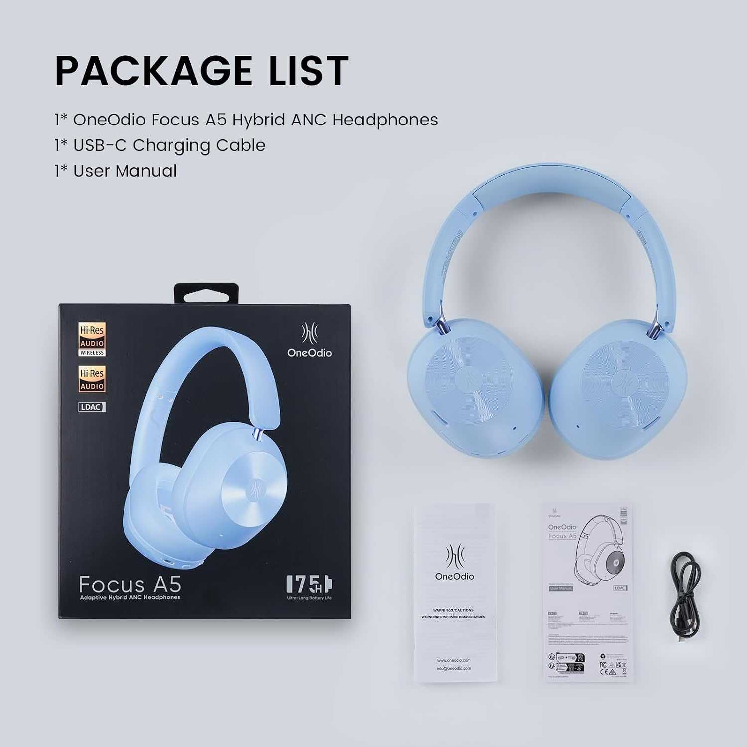 OneOdio A5 over-ear hoofdtelefoon, draadloos, Bluetooth, hybride actieve ruisonderdrukking, Hi-Res LDAC audio, 75 uur batterij, Bluetooth 5.4, heldere oproepen, spelmodus, snel opladen voor pc, reizen