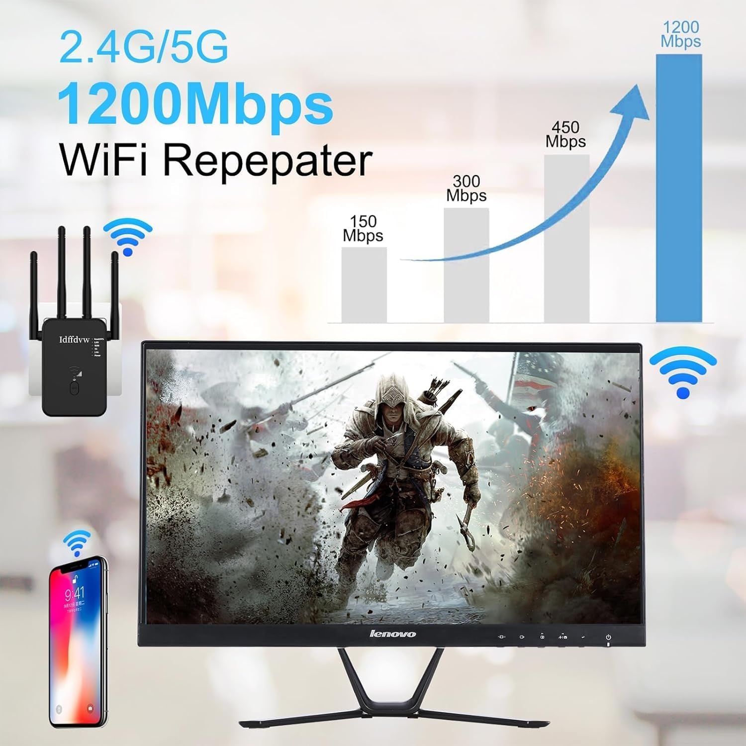 Wifi-versterker, 1200 Mbit/s, 5 G en 2,4 G ultraxtender dual-band wifi-repeater met LAN-verbinding, WPS, compatibel met 99% standaard wifi-router, dekt tot 9200 vierkante meter en 35 meter af