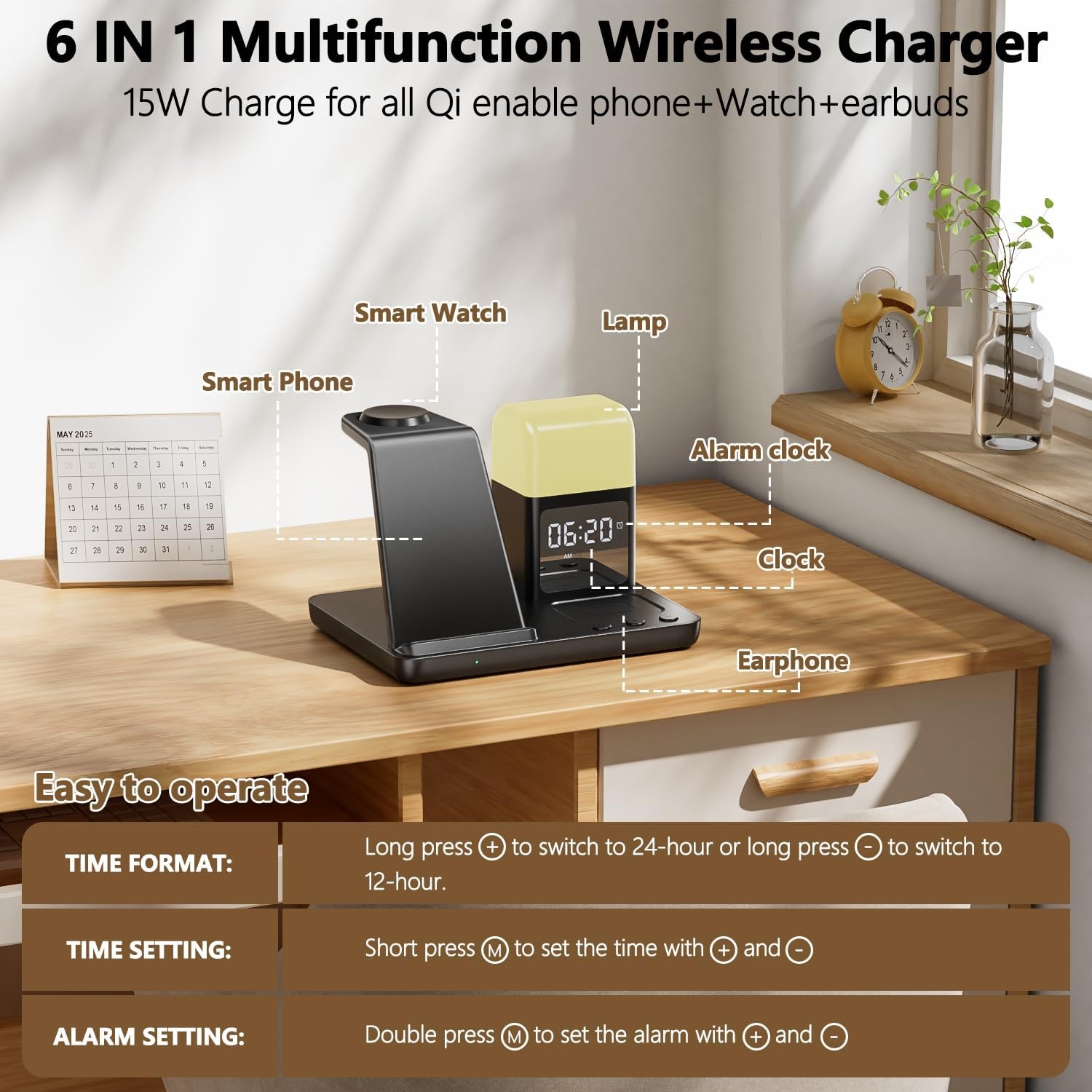 6-in-1 Draadloos Laadstation voor Samsung | 15W | Wekker & Nachtlampje | 32% Korting