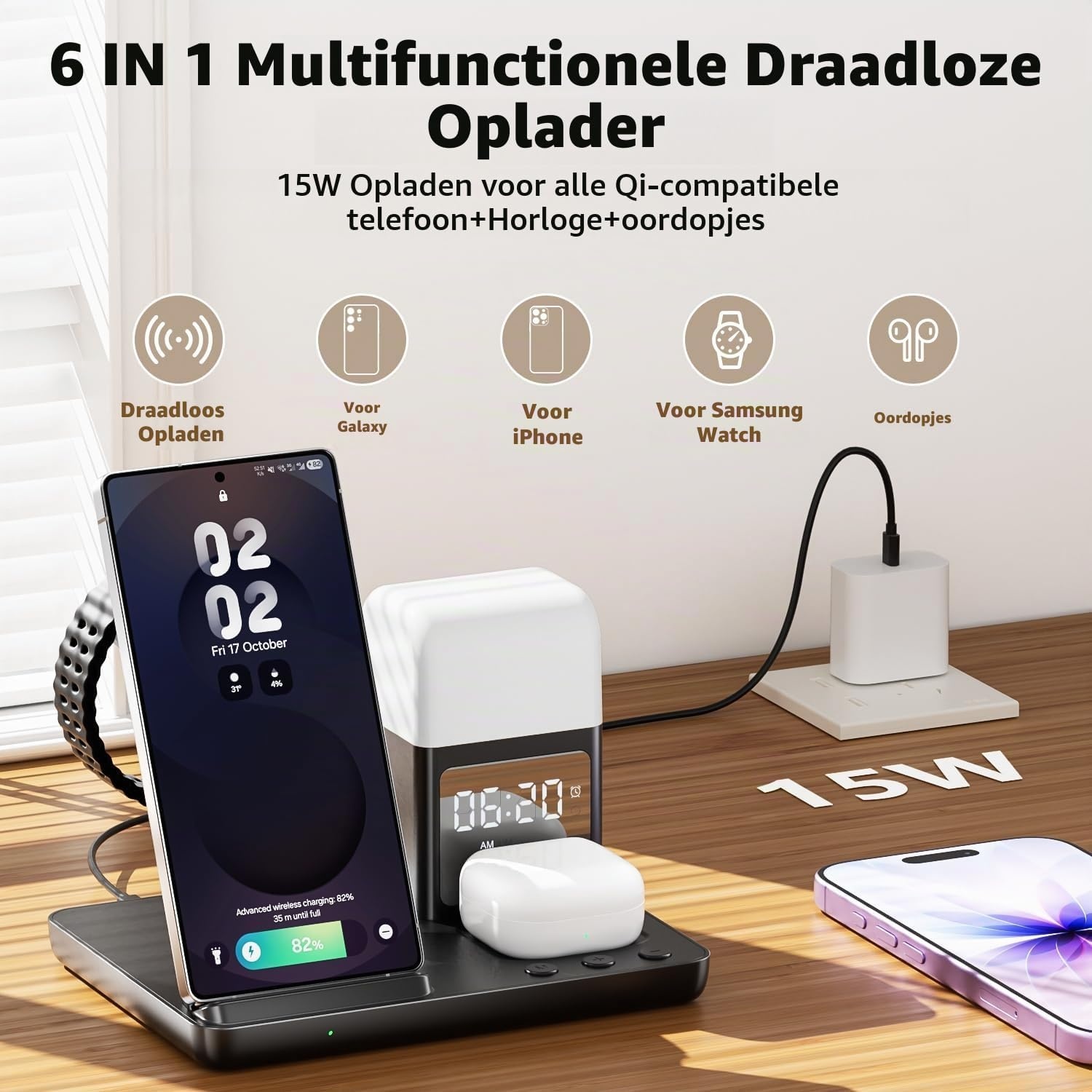 6-in-1 Draadloos Laadstation voor Samsung | 15W | Wekker & Nachtlampje | 32% Korting
