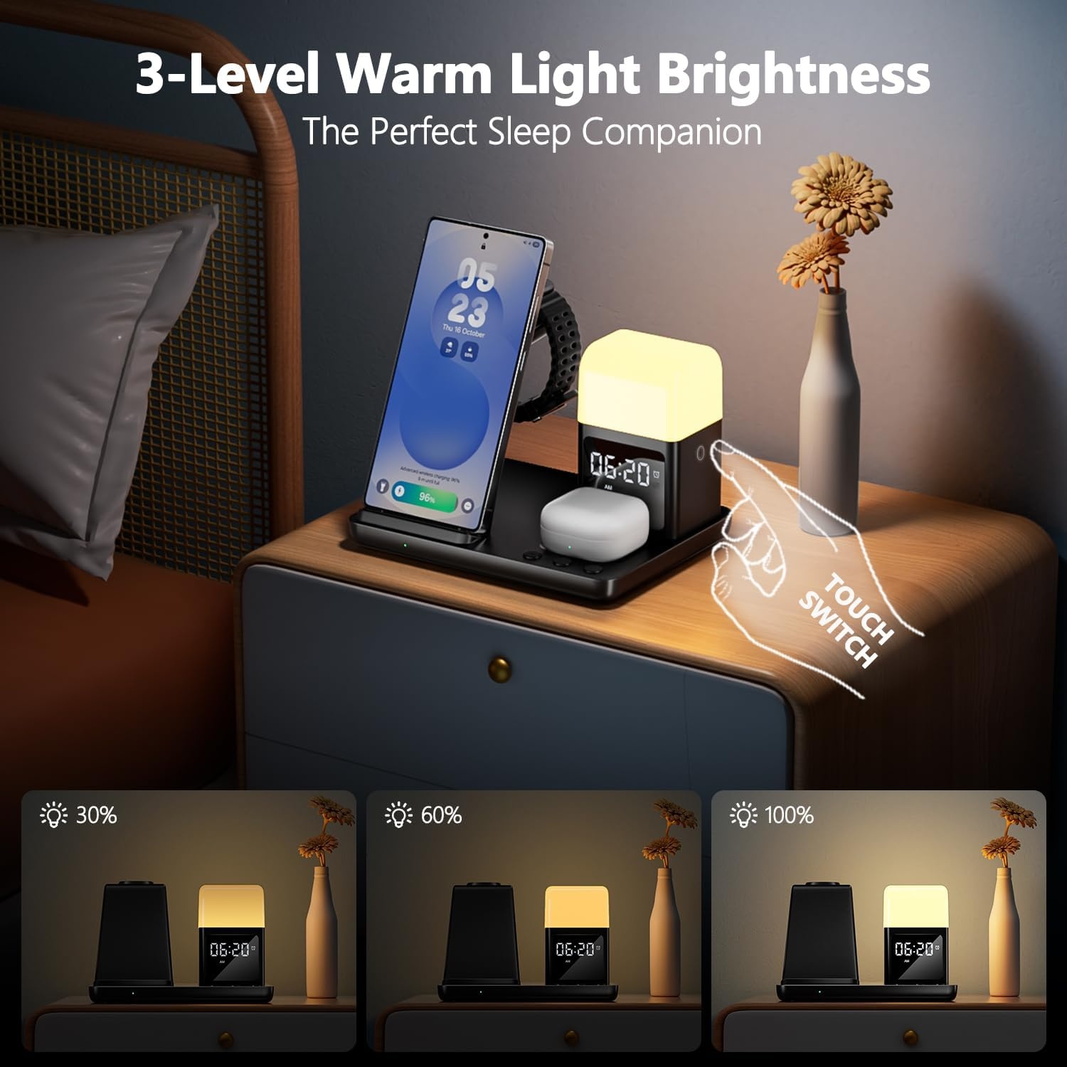 6-in-1 Draadloos Laadstation voor Samsung | 15W | Wekker & Nachtlampje | 32% Korting