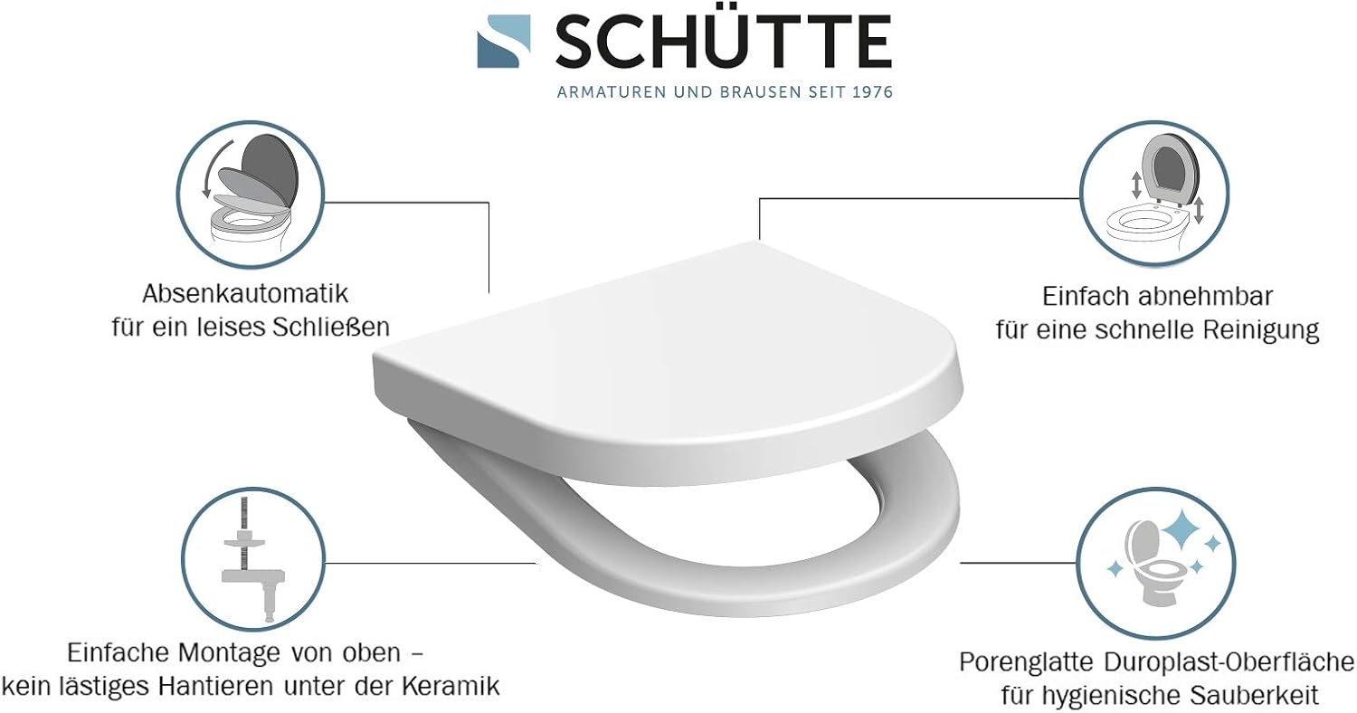 SCHÜTTE Wc-bril D-vorm Duroplast - Softclose en Snelsluiting - Wit - 45,5 x 34,5 cm