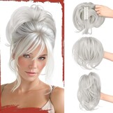 Grijswitte Clip-in Paardenstaart Extensions - Glad Kunsthaar - 30% Korting