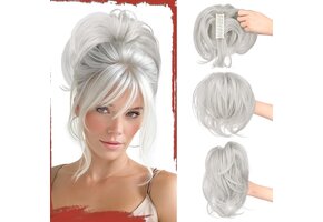 Grijswitte Clip-in Paardenstaart Extensions - Glad Kunsthaar - 30% Korting