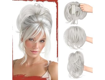 Grijswitte Clip-in Paardenstaart Extensions - Glad Kunsthaar - 30% Korting