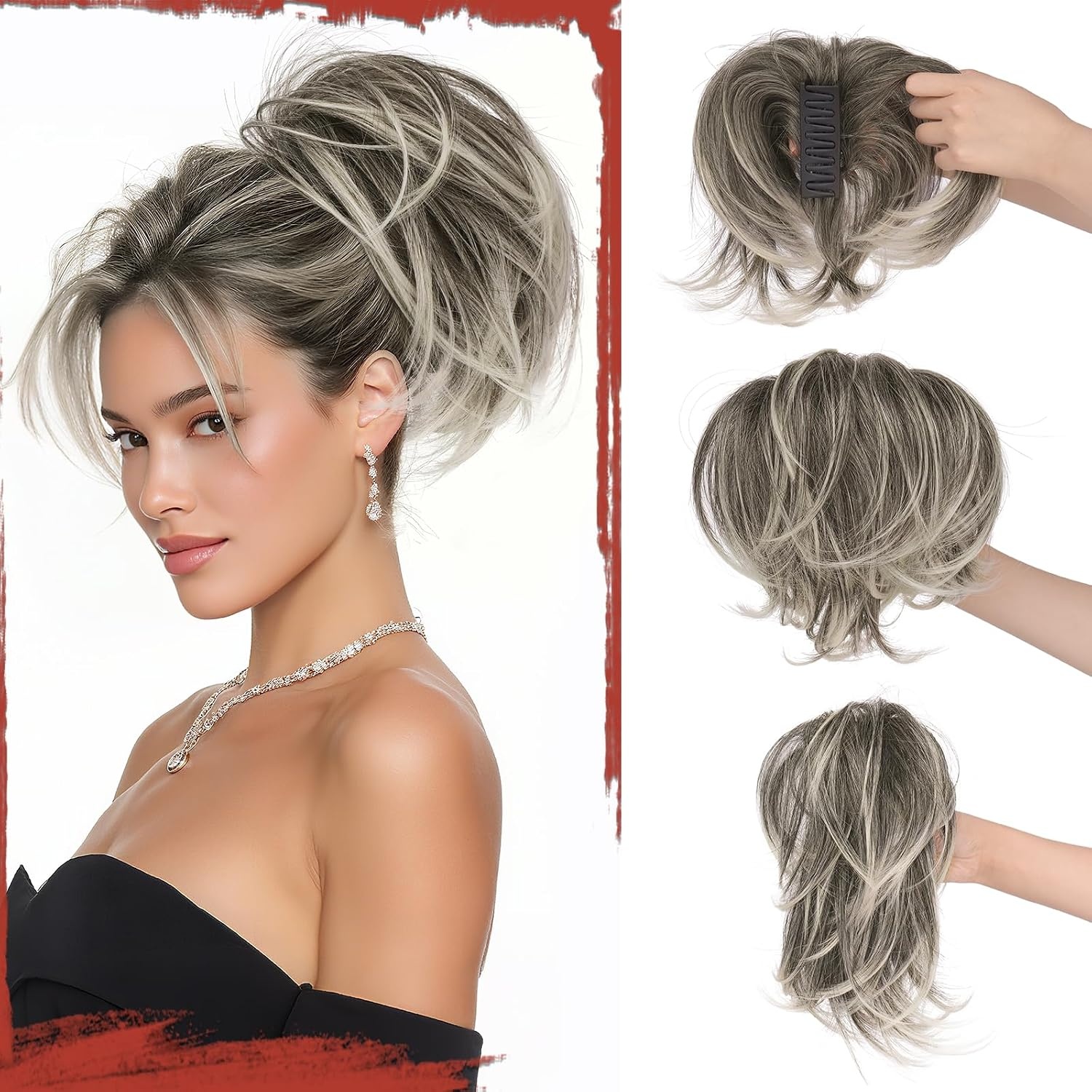Grijswitte Clip-in Paardenstaart Extensions - Glad Kunsthaar - 30% Korting
