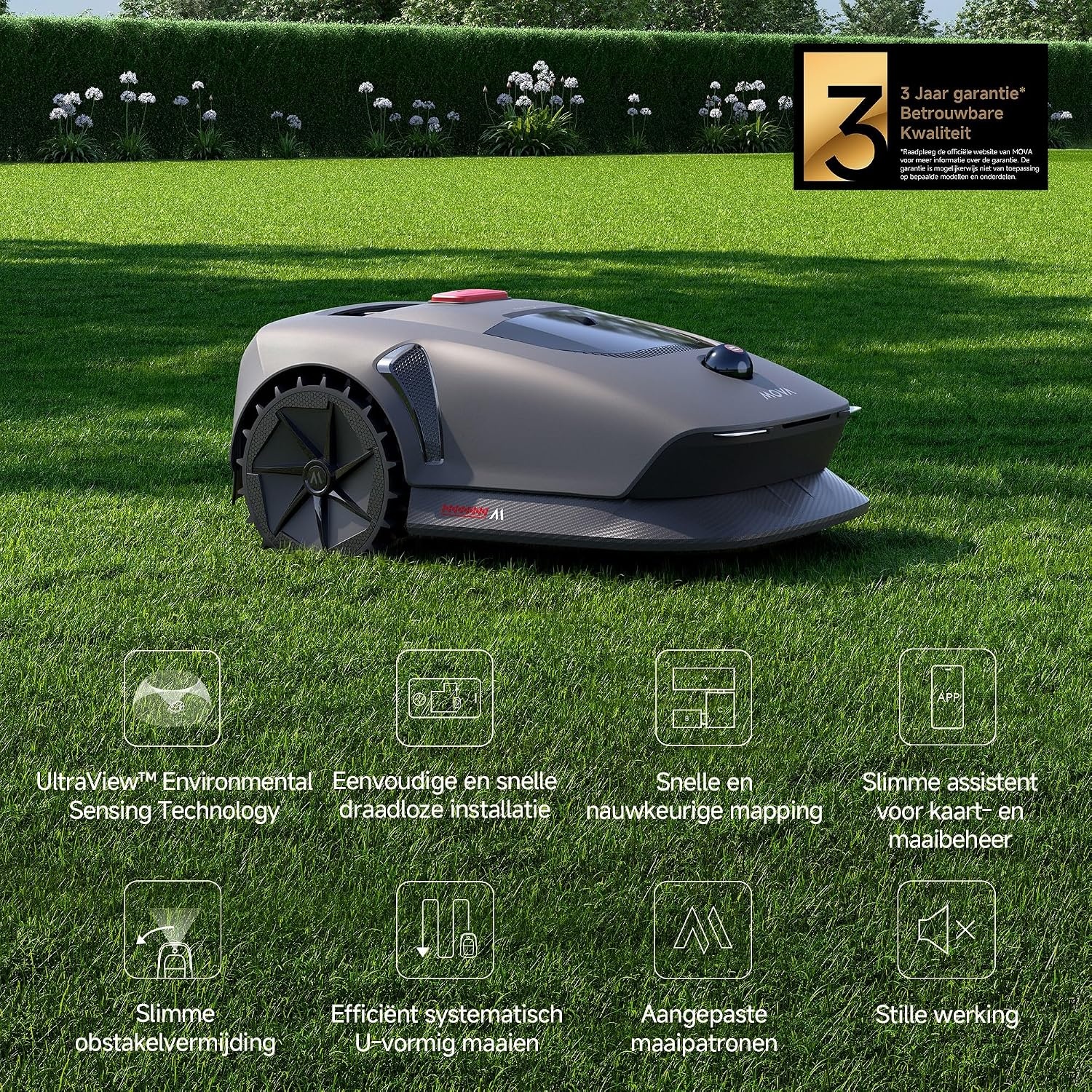 Mova 600 Kit Robotmaaier, Draadloze Installatie en Nauwkeurig in Kaart Brengen tot 800 m², Slimme Obstakelvermijding, App-bediening, U-vormig maaien, Stille werking, Veiligheidswaarschuwingen