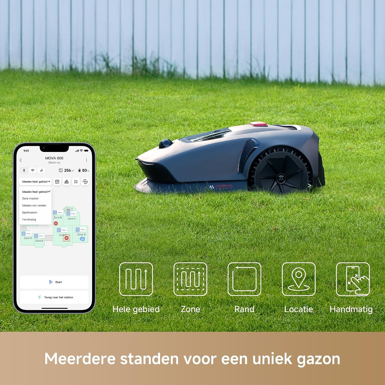 Mova 600 Kit Robotmaaier, Draadloze Installatie en Nauwkeurig in Kaart Brengen tot 800 m², Slimme Obstakelvermijding, App-bediening, U-vormig maaien, Stille werking, Veiligheidswaarschuwingen