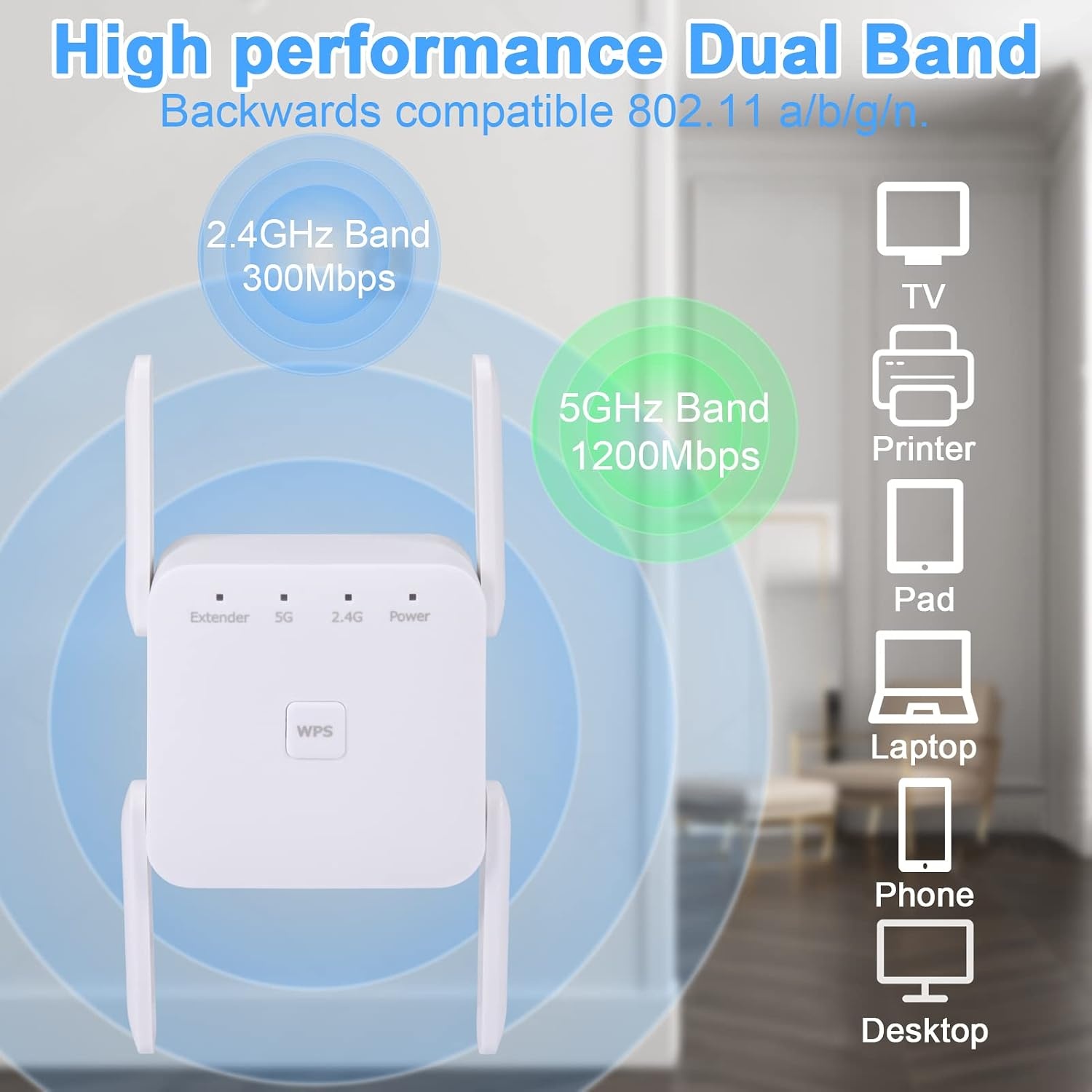 Wifi-versterker, 1200 Mbit/s, 5 G en 2,4 G ultraxtender dual-band wifi-repeater met LAN-verbinding, WPS, compatibel met 99% standaard wifi-router, dekt tot 9200 vierkante meter en 35 meter af