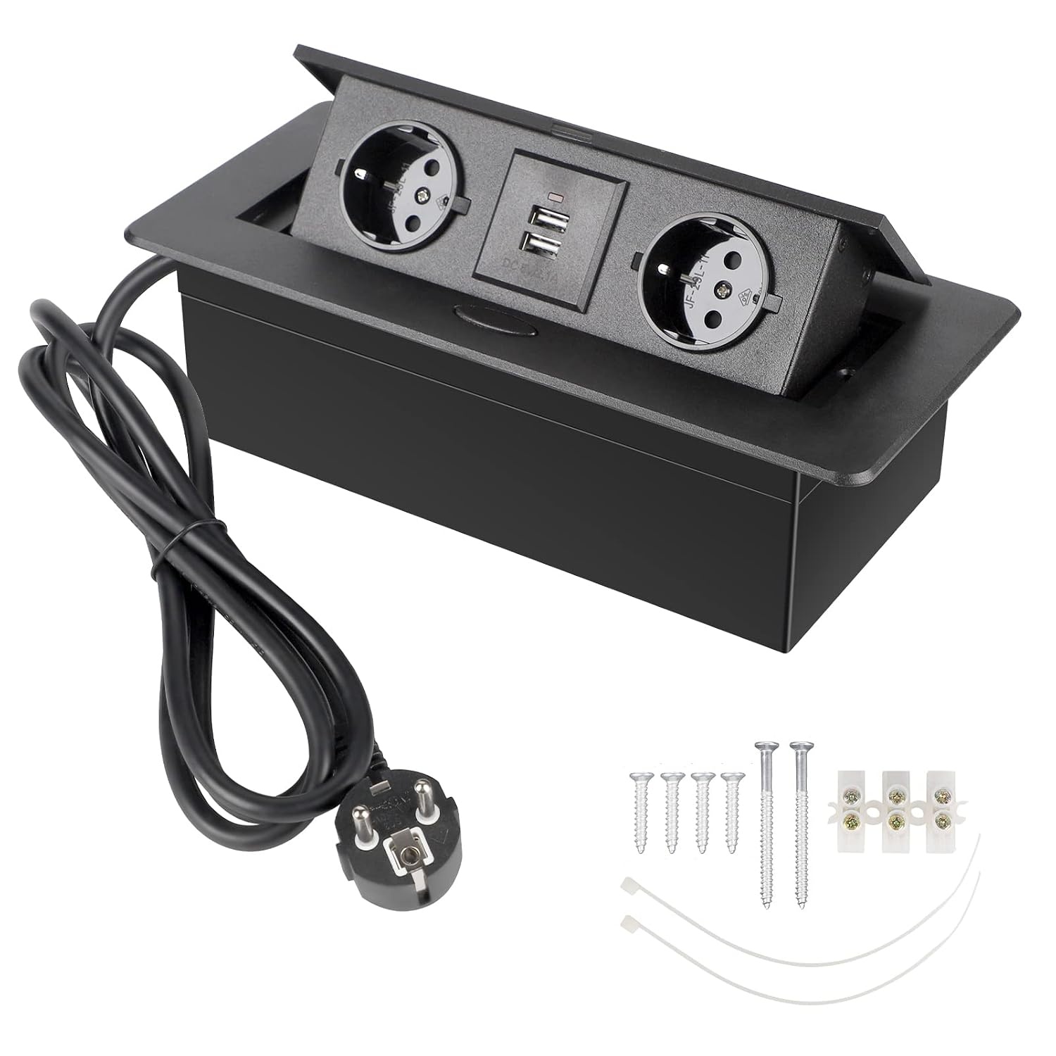 CPROSP USB-tafelstekker/stekker/1,8 m kabel, intrekbare meervoudige stekkerdoos voor het aansluiten in de zwarte tafel, hoeklijst met 2 stopcontacten en 2 USB