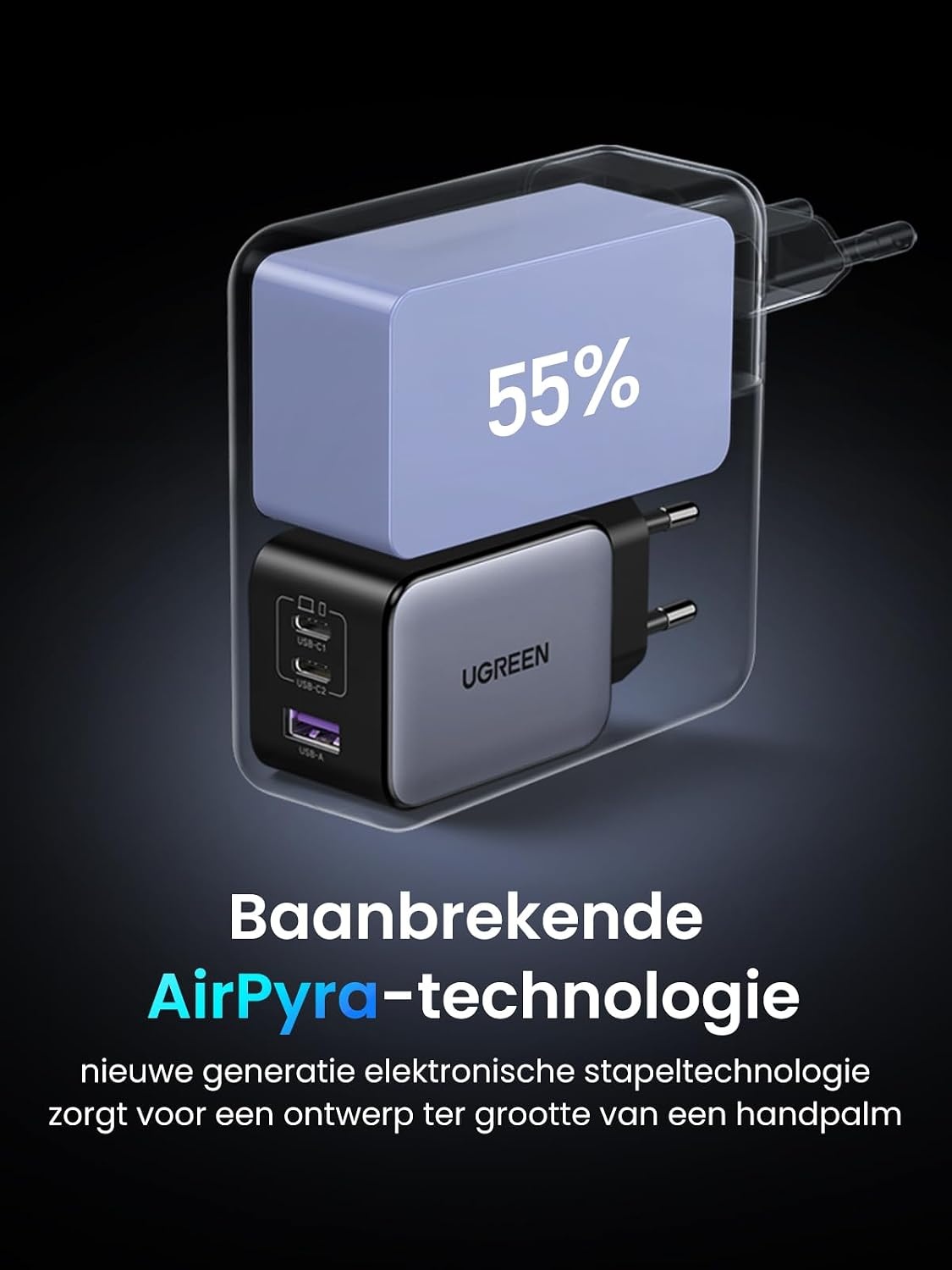 65W GaN Snellader, 3 Poorten, Zwart/Grijs, S - 32% Korting