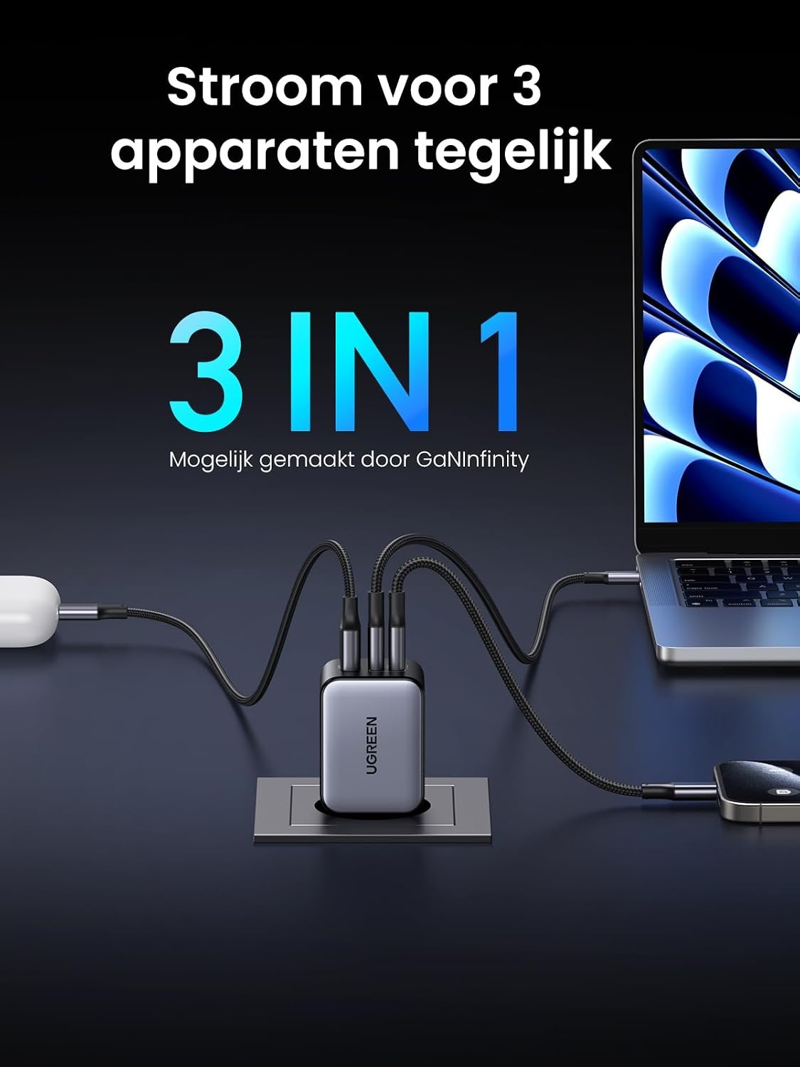 65W GaN Snellader, 3 Poorten, Zwart/Grijs, S - 32% Korting