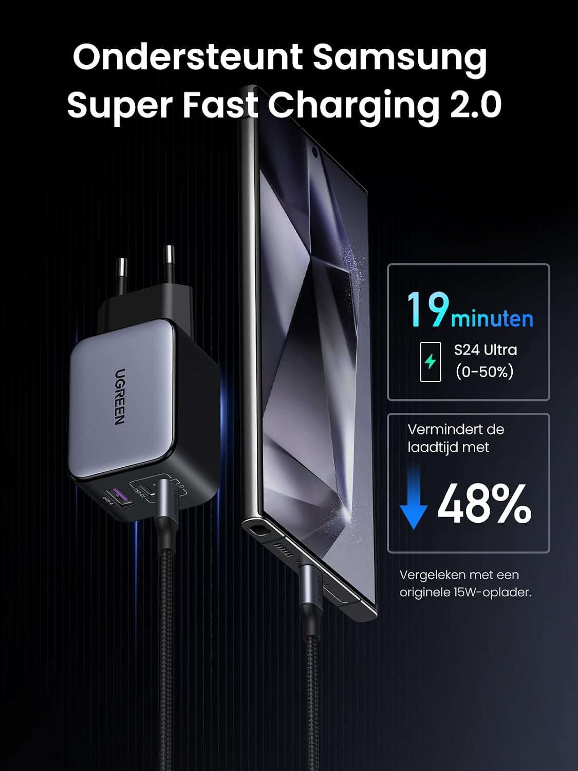 65W GaN Snellader, 3 Poorten, Zwart/Grijs, S - 32% Korting