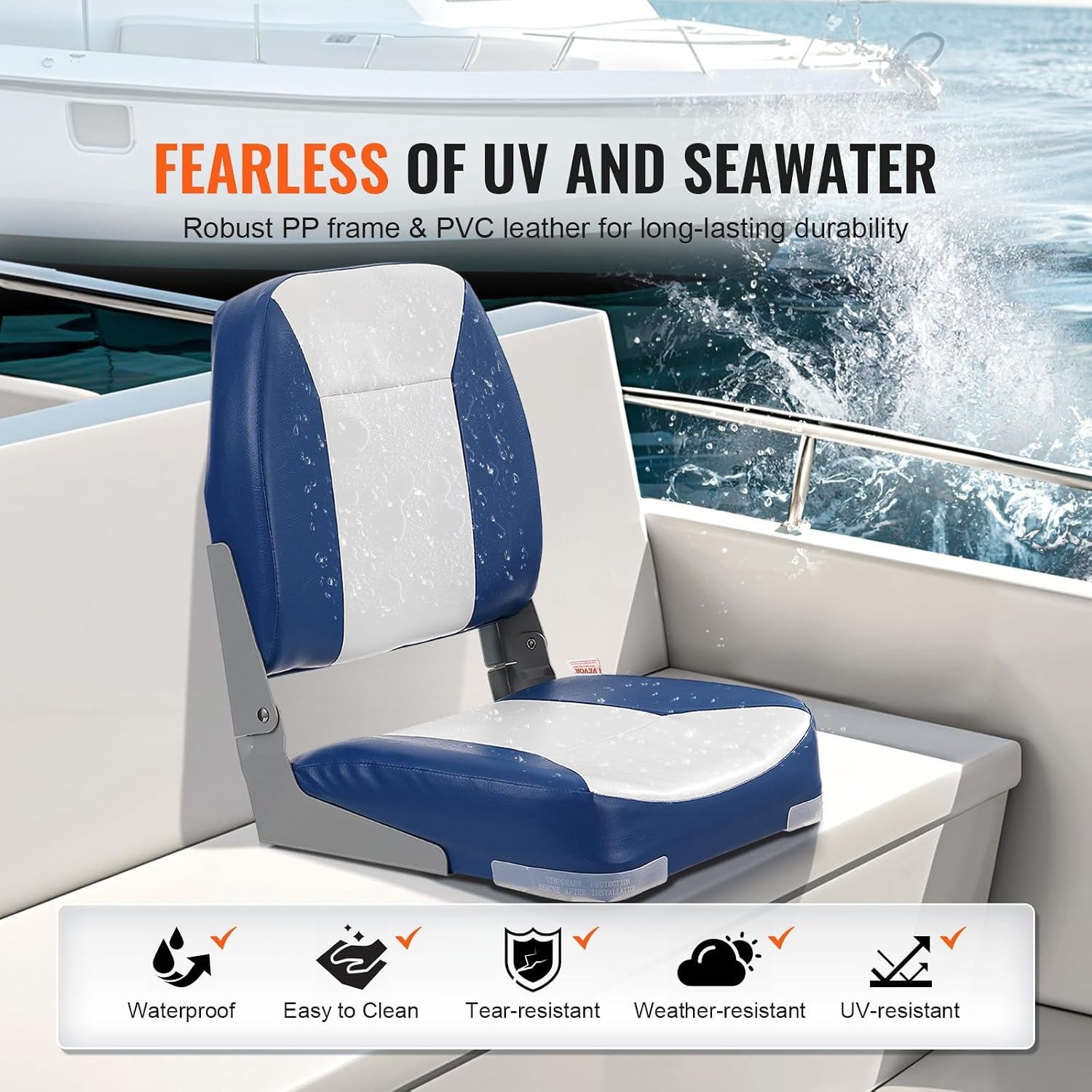 VEVOR Opvouwbare bootstoel, zitting voor boten met lage rugleuning, bekleding van schuim met hoge dichtheid, waterdichte bootstoel voor cruises in de motorboot, visboot, 48,5 x 41 x 48 cm