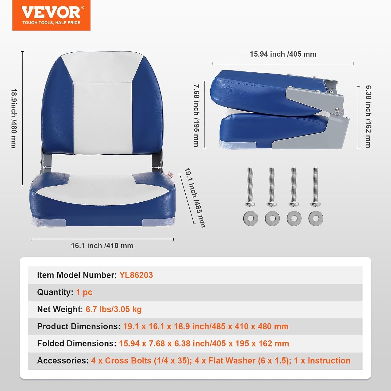 VEVOR Opvouwbare bootstoel, zitting voor boten met lage rugleuning, bekleding van schuim met hoge dichtheid, waterdichte bootstoel voor cruises in de motorboot, visboot, 48,5 x 41 x 48 cm