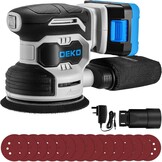 Orbitale accuschuurmachine: DEKOPRO Rotatieschuurmachine met 1 accu 2000 mAh, orbitaal voor hout 125 mm, 13.000 RPM, met stofzak en 15 vellen schuurpapier Blauw-grijs