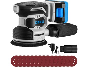 Orbitale accuschuurmachine: DEKOPRO Rotatieschuurmachine met 1 accu 2000 mAh, orbitaal voor hout 125 mm, 13.000 RPM, met stofzak en 15 vellen schuurpapier Blauw-grijs
