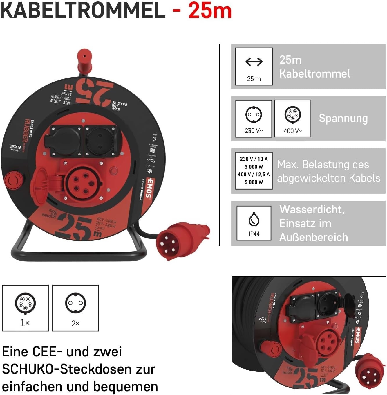 Waterdichte Kabelhaspel Buiten 25m - IP44 | 34% Korting