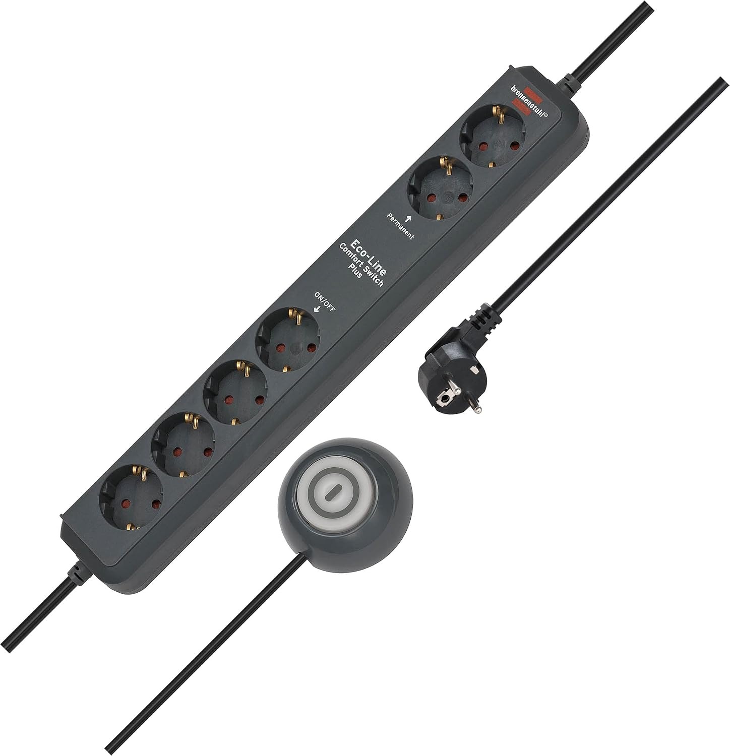 Brennenstuhl Eco-Line Comfort Switch Plus Stekkerdoos, 6-voudig (2 permanente, 4 schakelbare stopcontacten, verlichte voetschakelaar) Single antraciet