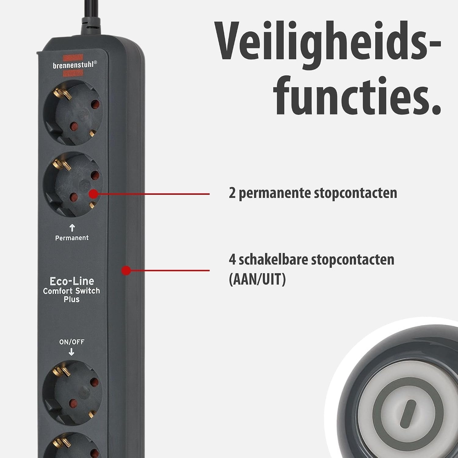 Brennenstuhl Eco-Line Comfort Switch Plus Stekkerdoos, 6-voudig (2 permanente, 4 schakelbare stopcontacten, verlichte voetschakelaar) Single antraciet