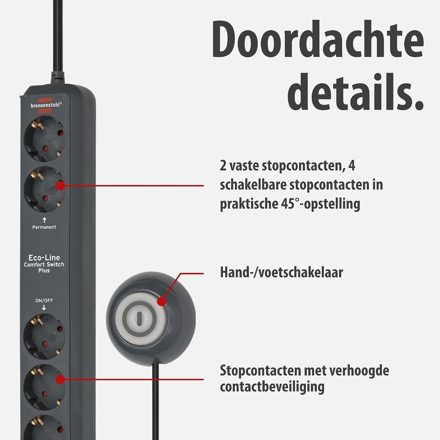 Brennenstuhl Eco-Line Comfort Switch Plus Stekkerdoos, 6-voudig (2 permanente, 4 schakelbare stopcontacten, verlichte voetschakelaar) Single antraciet