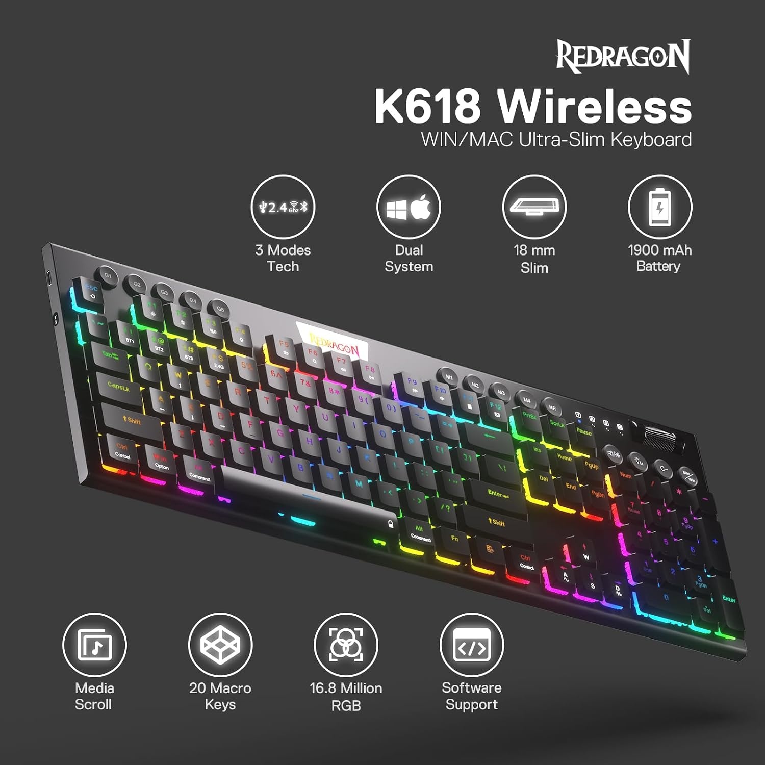Redragon K618 Mechanisch Gaming Toetsenbord - Draadloos RGB - 34% Korting