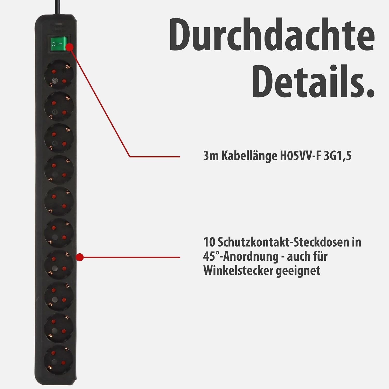 Brennenstuhl 10-voudige stekkerdoos met schakelaar - 3m - Zwart - 31% Korting