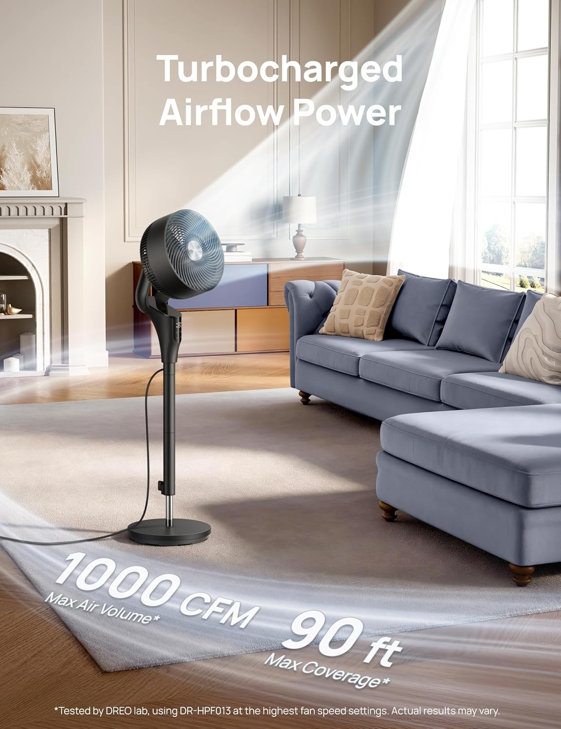 Dreo 80 ft elektrische staande ventilator voor slaapkamer, 25 dB stille pedestal fans met afstandsbediening, 80° oscillatie, 90° handmatig verticaal, 3 snelheden, 34-41 inch verstelbare hoogte, 6 uur