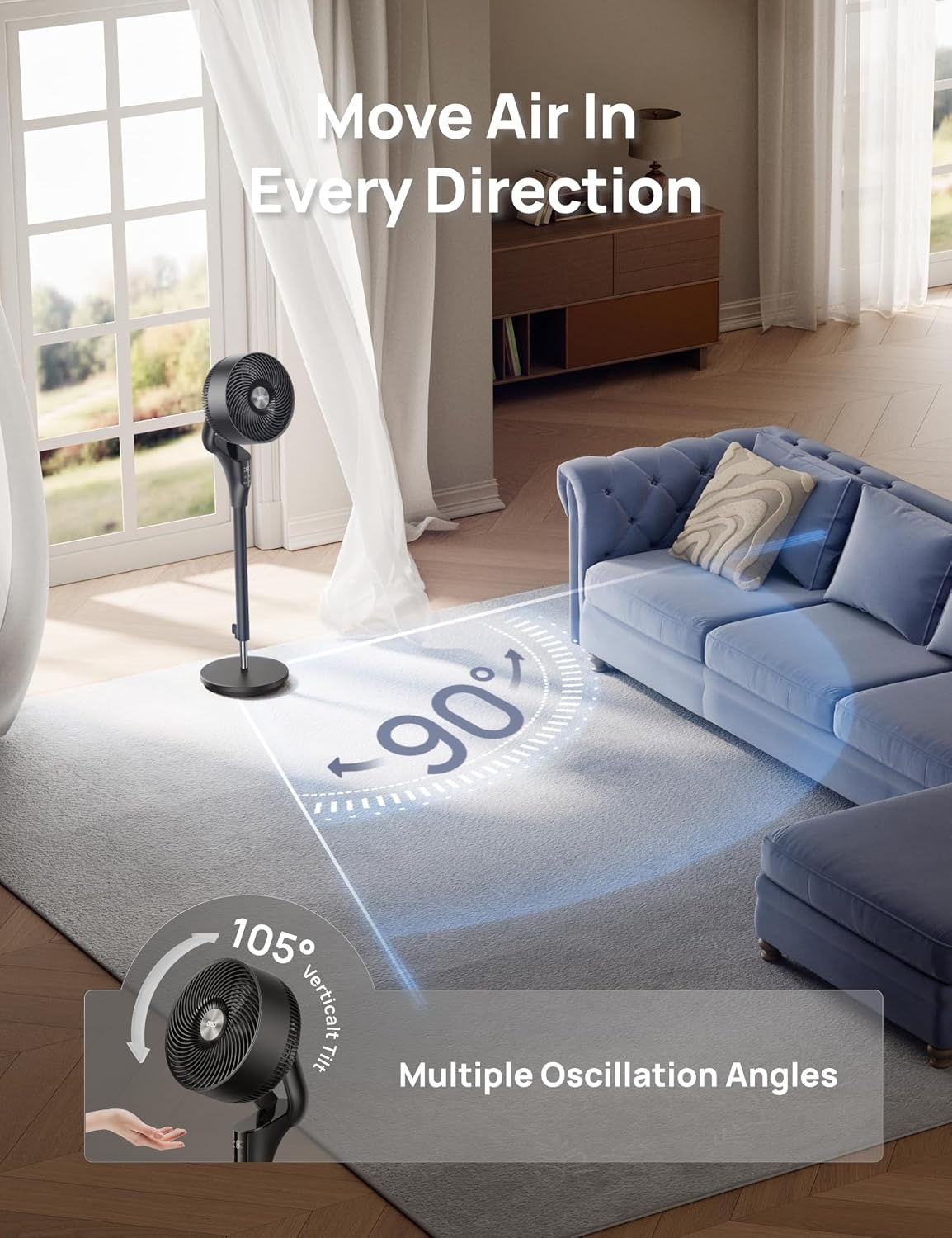 Dreo 80 ft elektrische staande ventilator voor slaapkamer, 25 dB stille pedestal fans met afstandsbediening, 80° oscillatie, 90° handmatig verticaal, 3 snelheden, 34-41 inch verstelbare hoogte, 6 uur