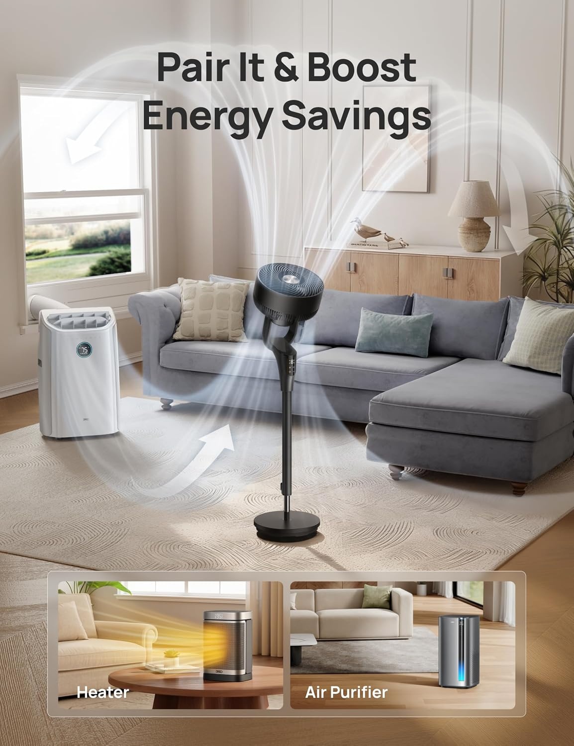 Dreo 80 ft elektrische staande ventilator voor slaapkamer, 25 dB stille pedestal fans met afstandsbediening, 80° oscillatie, 90° handmatig verticaal, 3 snelheden, 34-41 inch verstelbare hoogte, 6 uur