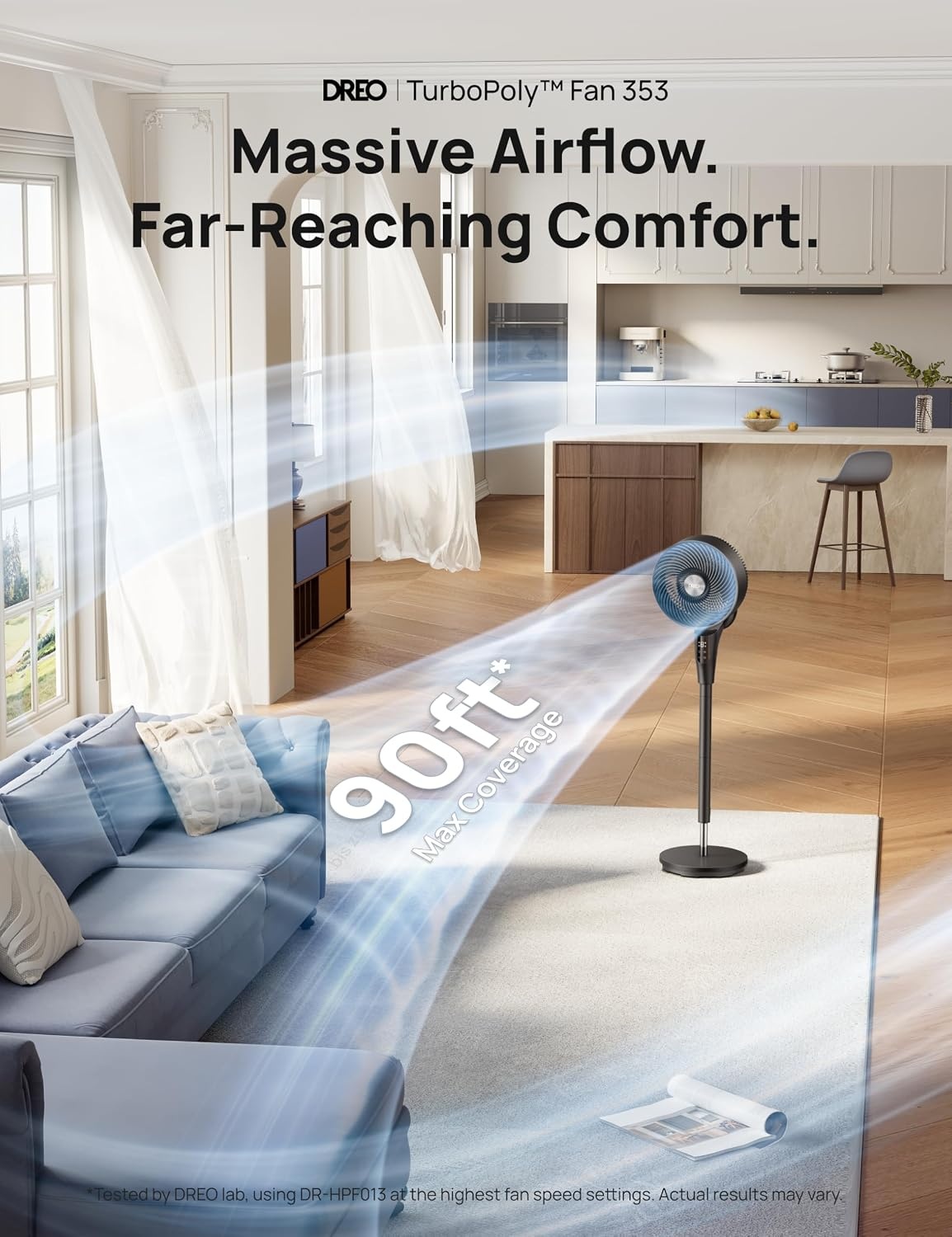 Dreo 80 ft elektrische staande ventilator voor slaapkamer, 25 dB stille pedestal fans met afstandsbediening, 80° oscillatie, 90° handmatig verticaal, 3 snelheden, 34-41 inch verstelbare hoogte, 6 uur