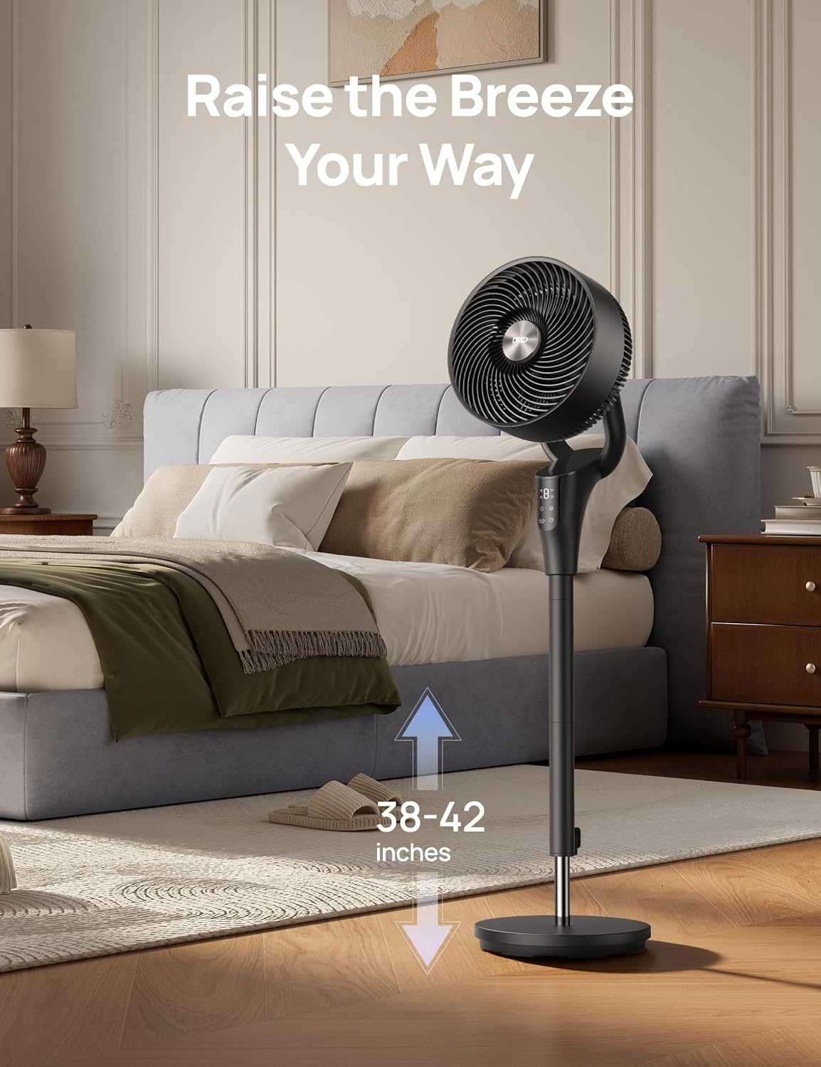 Dreo 80 ft elektrische staande ventilator voor slaapkamer, 25 dB stille pedestal fans met afstandsbediening, 80° oscillatie, 90° handmatig verticaal, 3 snelheden, 34-41 inch verstelbare hoogte, 6 uur