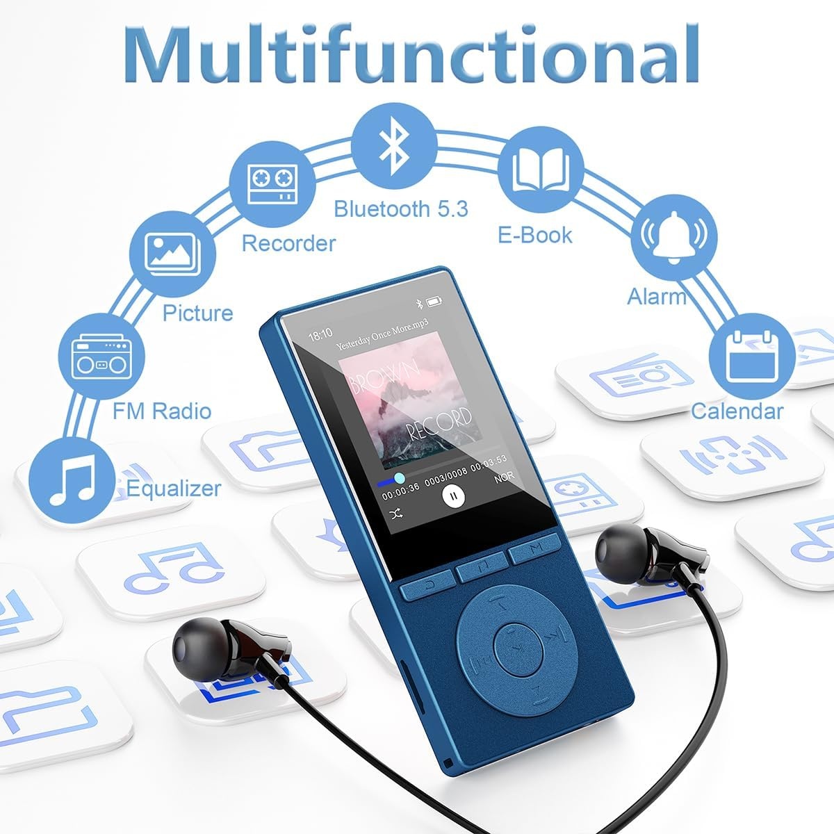 64 GB MP3-speler met Bluetooth 5.3, muziekspeler met hifi-audio voor sporthardlopers, 2,4 inch scherm MP3-speler ingebouwd in HD-luidspreker voicerecorder, uitbreidbaar tot 128 GB, oortelefoons