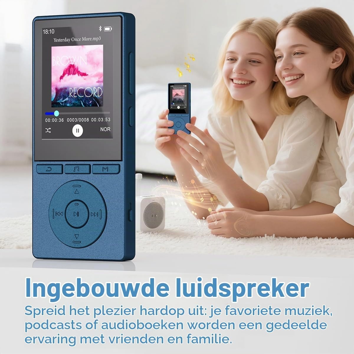 64 GB MP3-speler met Bluetooth 5.3, muziekspeler met hifi-audio voor sporthardlopers, 2,4 inch scherm MP3-speler ingebouwd in HD-luidspreker voicerecorder, uitbreidbaar tot 128 GB, oortelefoons