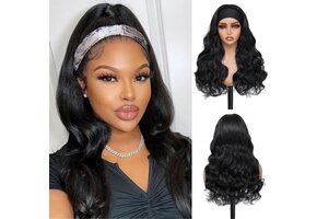 Body Wave Hoofdband Pruik - Synthetisch Zwart Haar 24 inch (32% Korting)