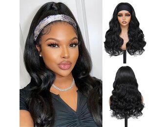 Body Wave Hoofdband Pruik - Synthetisch Zwart Haar 24 inch (32% Korting)